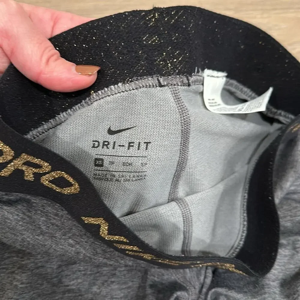 NIKE PRO Gray Warm Dri-Fit Mid Rise Gold Glitter Active‎ Yoga Leggings Size XS